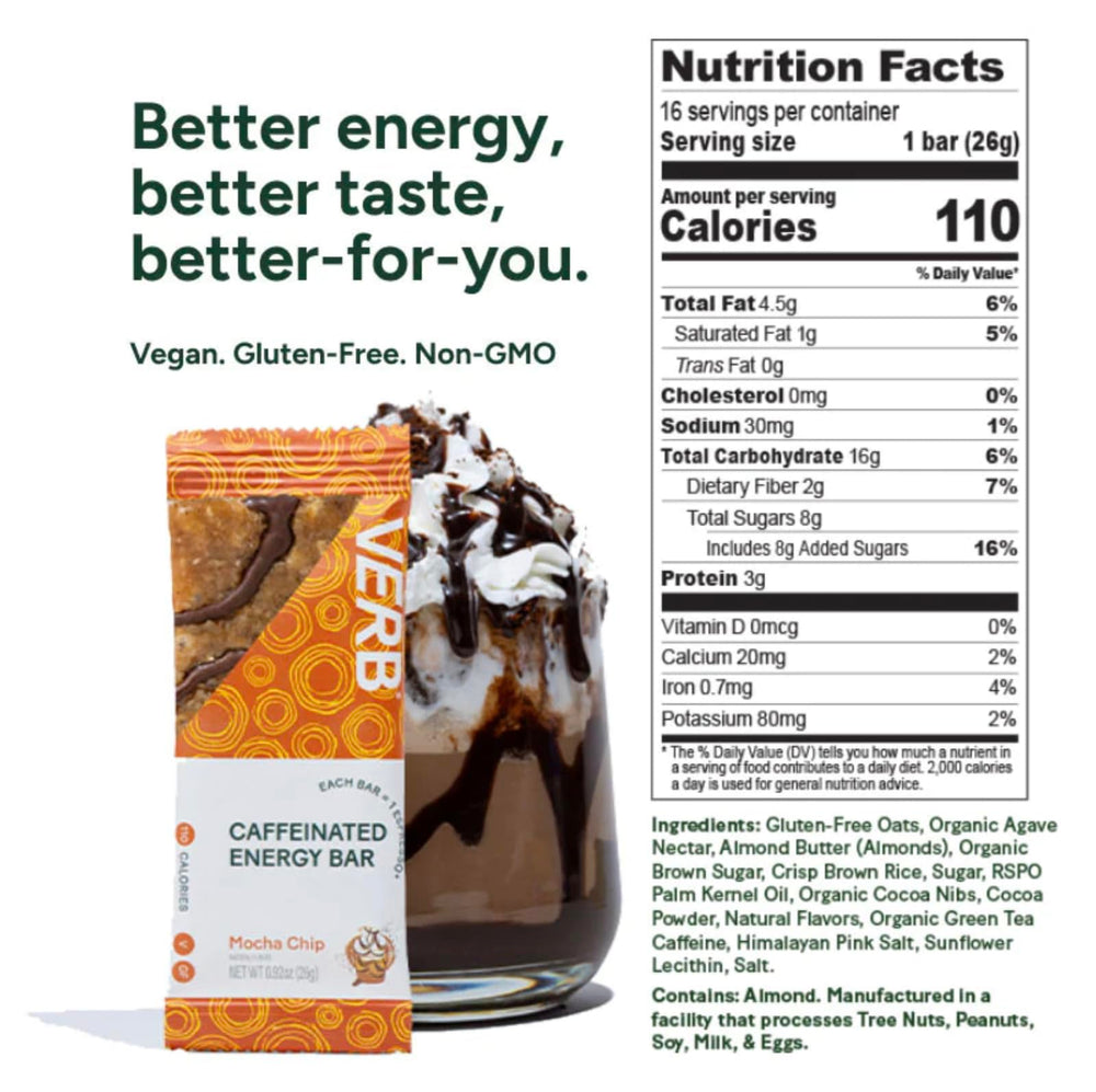 Verb Caffeinated Energy Bar Mocha Chip close-up shows chocolate chips and oats.