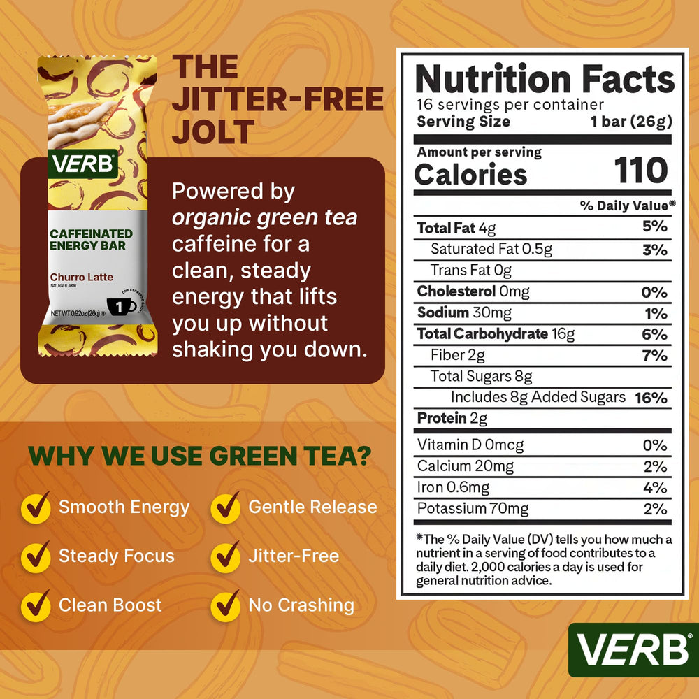 Verb Caffeinated Energy Bar wrapper highlights on-the-go energy for busy days.