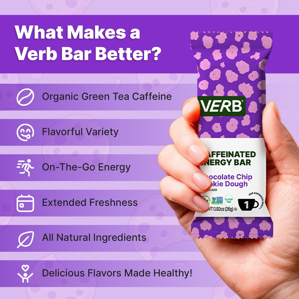 Verb Energy Bar Chocolate Chip Cookie Dough shown in a backpack for travel or workouts