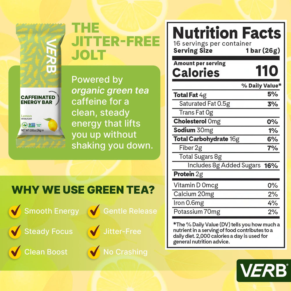 Verb Caffeinated Energy Bar Lemon closeup with bright citrus flavor and subtle sweetness.