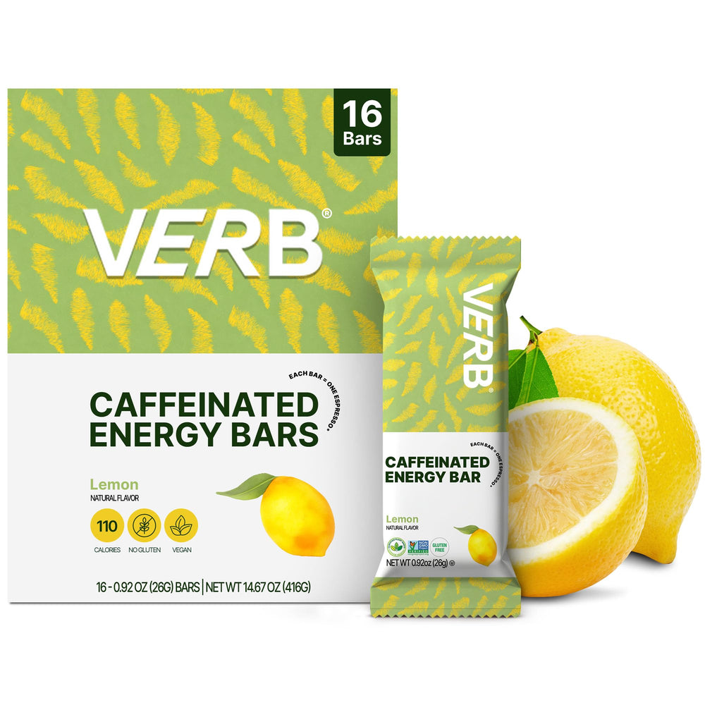 Verb Caffeinated Energy Bar Lemon pack shot for portable energy on busy days.