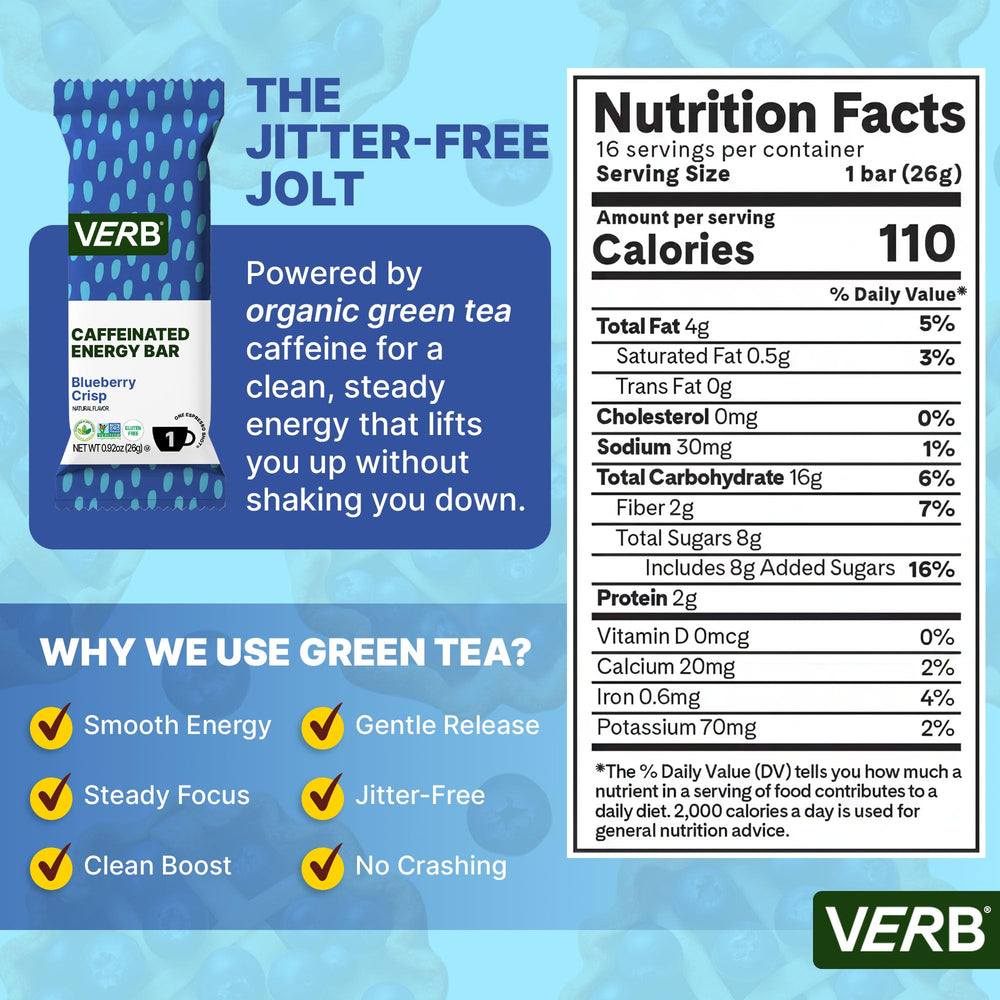 Verb Energy Blueberry Crisp bar wrapped for easy, portable energy on the go.
