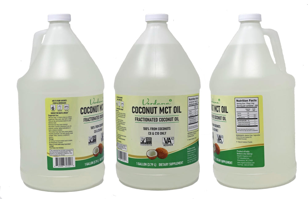 Verdana Coconut MCT Oil bottle label showing non-GMO and kosher certifications