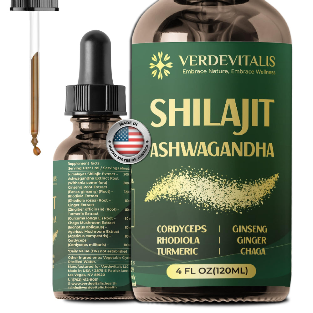 VERDEVITALIS 8in1 Shilajit liquid bottle for daily energy and immune support
