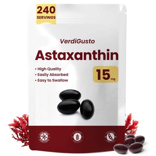 VerdiGusto astaxanthin softgels bottle front promotes antioxidant support for daily wellness.
