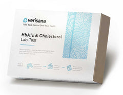Verisana HbA1c and cholesterol at-home test kit front view for convenient health monitoring.