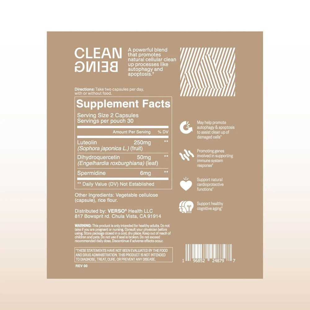 Verso Clean Being capsules close-up highlighting antioxidant DHQ and luteolin