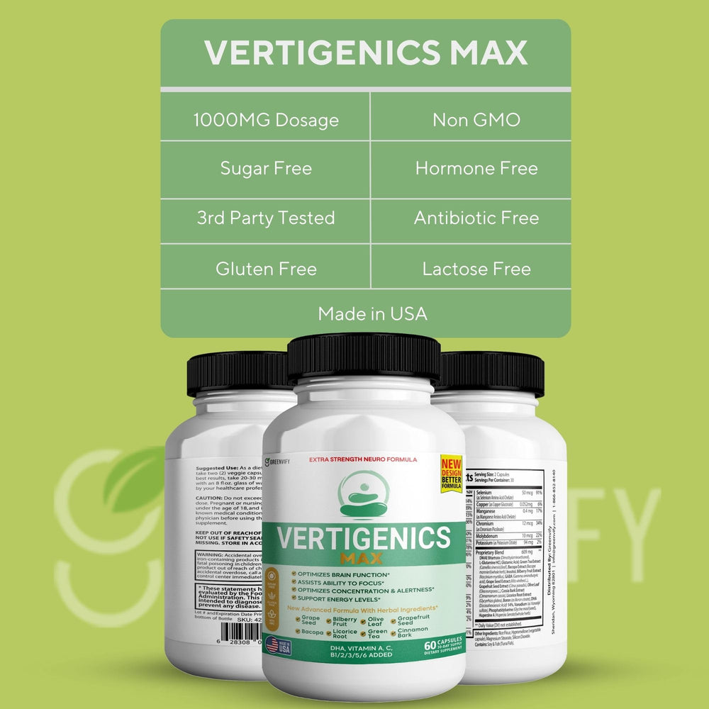 Vertigenics Max herbal blend label close-up highlighting neuro wellness ingredients.