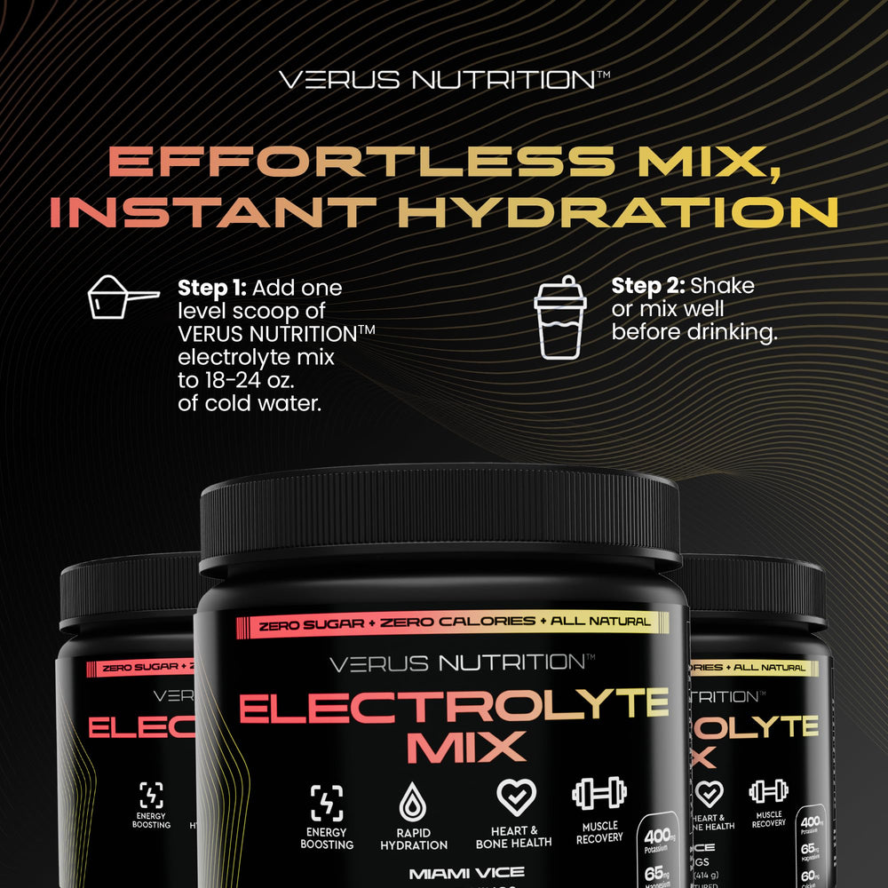 VERUS NUTRITION Electrolytes powder dissolving in water emphasizes fast mix and clean taste.