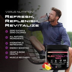 VERUS NUTRITION Lemon Lime electrolytes powder poured into water for refreshing flavor.