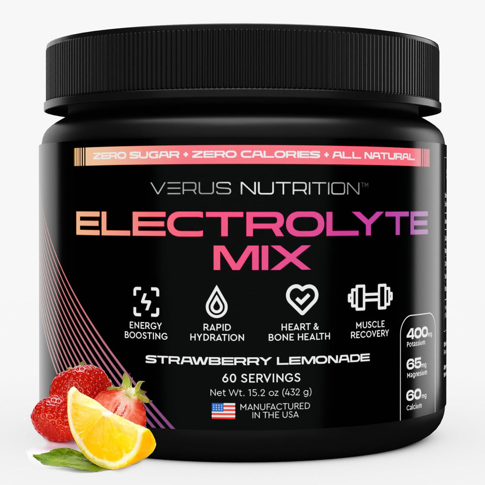 VERUS NUTRITION Strawberry Lemonade electrolytes powder tub for zero sugar hydration.