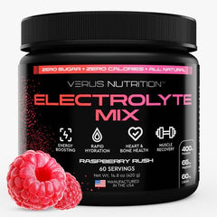 VERUS NUTRITION electrolyte powder strawberry lemonade bottle for refreshing hydration everywhere.