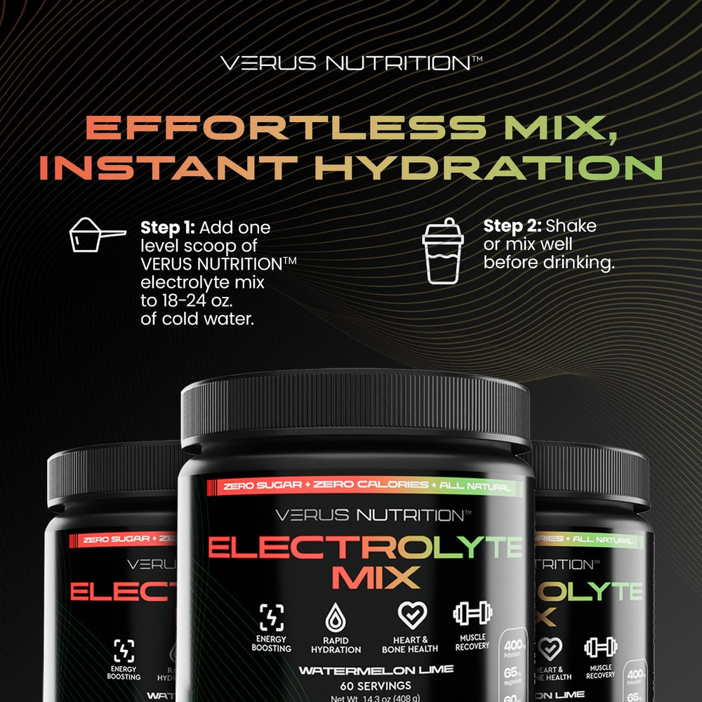 VERUS NUTRITION electrolyte mix being stirred for summer hydration.