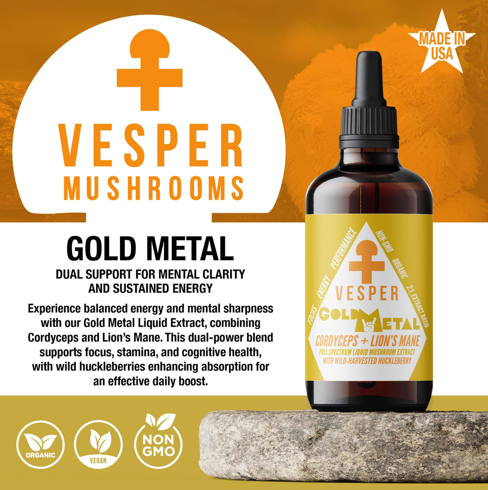 Vesper Mushrooms Gold Metal bottle label close-up, highlighting USA-grown quality.