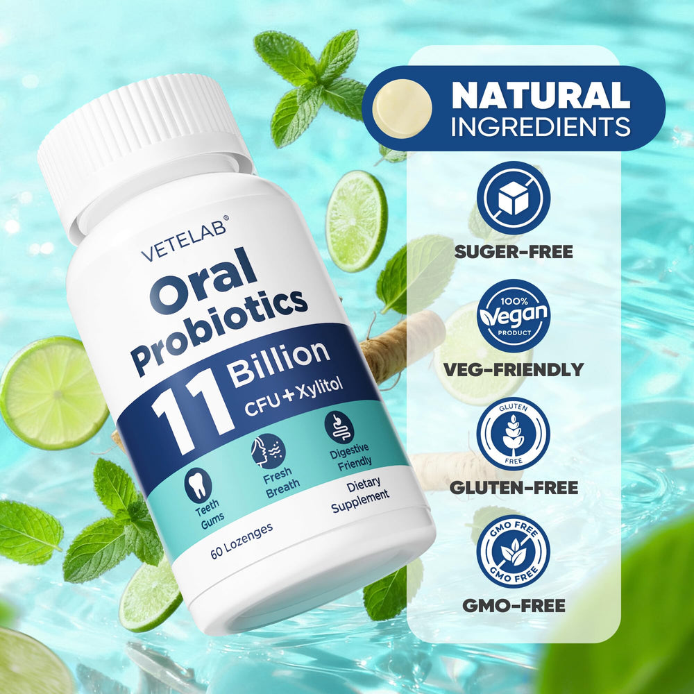 VeteLab lozenges on countertop suggesting quick chewable routine after meals.