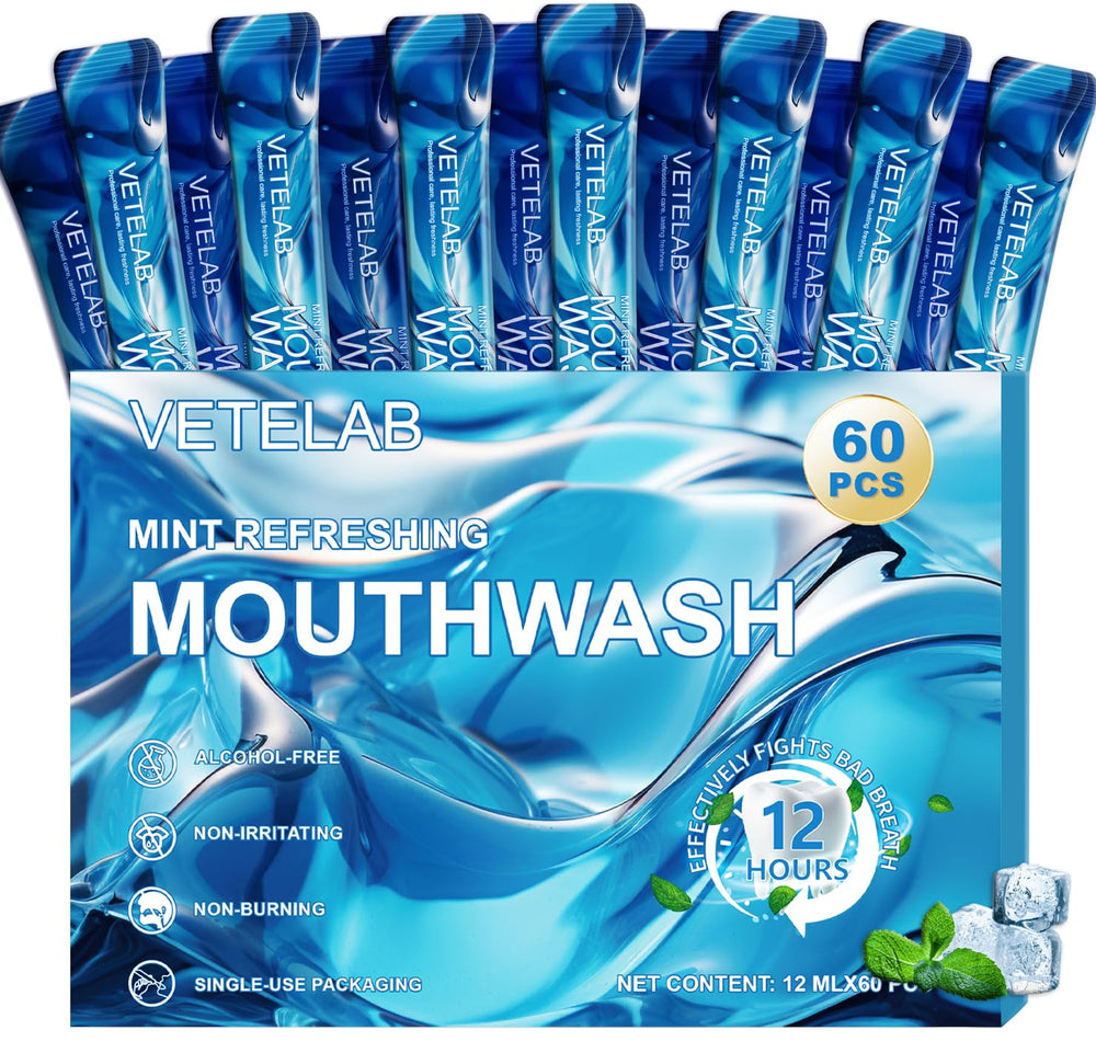 VeteLab portable mouthwash packets shown for travel with TSA-friendly 0.4oz size.