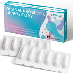 Vetrue vaginal probiotic suppository packaging showing natural non-GMO formula