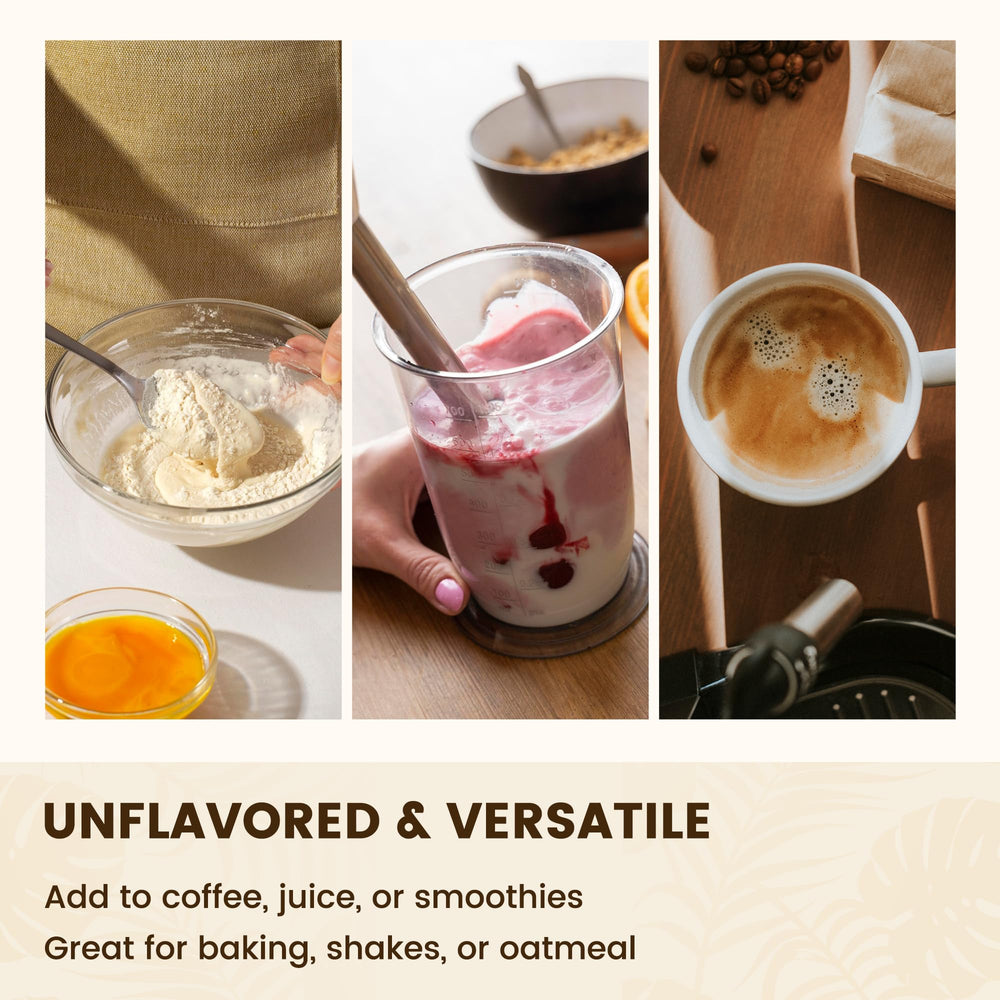VEV collagen powder jar highlights 82 servings and added vitamin C for absorption.