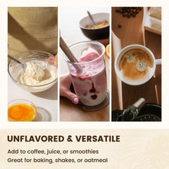 VEV collagen powder jar highlights 82 servings and added vitamin C for absorption.