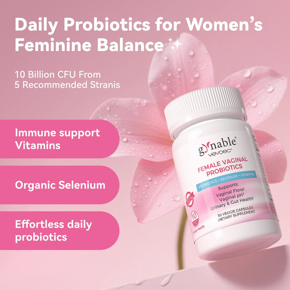 Vevoec Gynable capsules closeup highlighting 10 billion CFU formula.