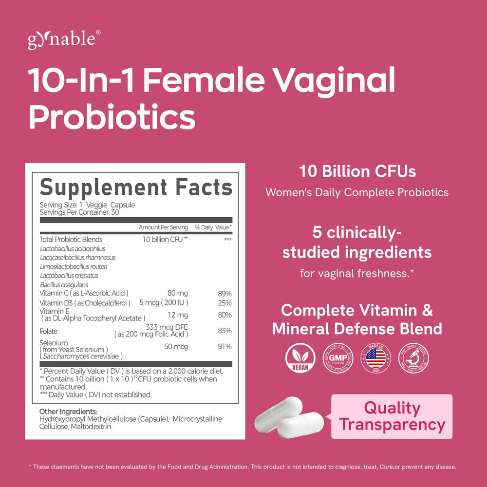 Vevoec Gynable label close-up highlighting probiotic blend.