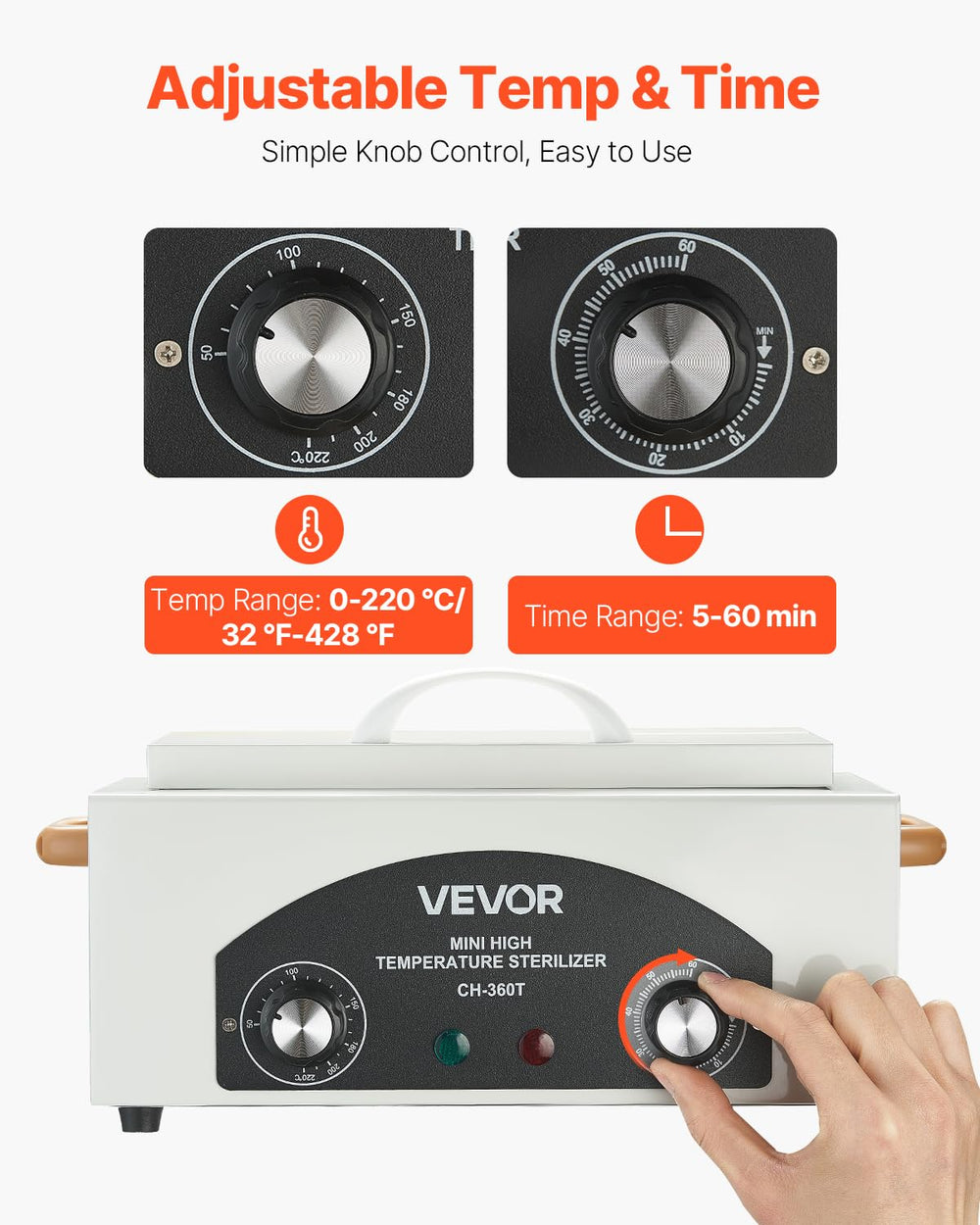 VEVOR dry heat chamber close-up illustrates fast heat transfer for efficient tool cleaning