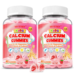Veyttisy Kids Calcium Gummies bottle closeup with strawberry flavor and D3 for bone support