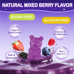 Mixed berry flavor gummy piece highlights kid-friendly taste.