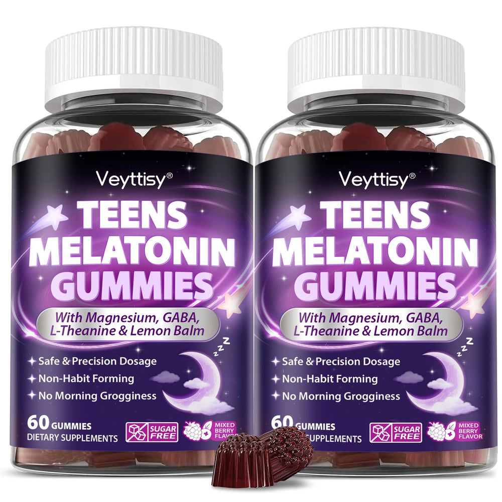 Veyttisy Teens Melatonin Gummies pack shot showing sugar-free sleep support for teens.