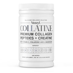 Vezzyl Collatine bottle label highlighting collagen and creatine blend for daily wellness