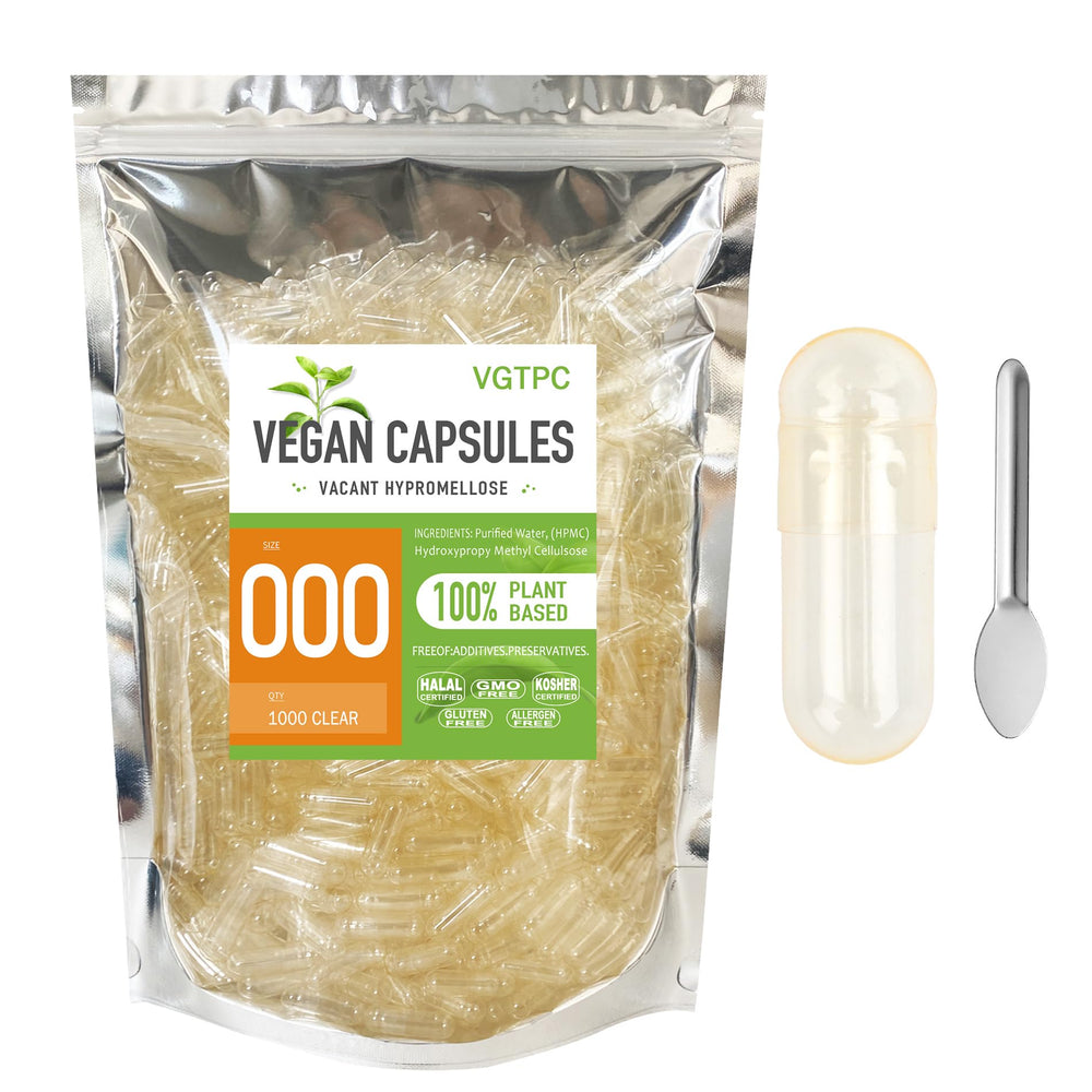 VGTPC Size 000 empty vegetarian capsules in a 1000-count pack for clean fillings.