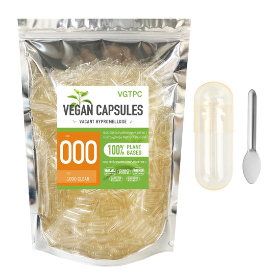 VGTPC Size 000 empty vegetarian capsules in a 1000-count pack for clean fillings.