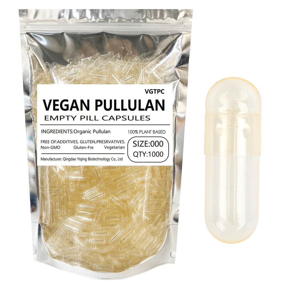 VGTPC Size 000 pullulan capsules in packaging, clear vegan option for DIY supplementing.
