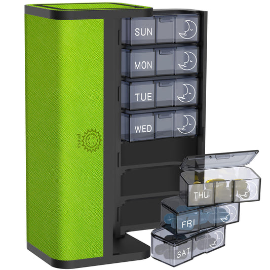 VGUOORG 7-day pill organizer in leather case keeps weekly pills neatly arranged.
