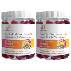 vH essentials Probiotic Gummies with Cranberry bottle front, two-bottle pack for daily feminine health.