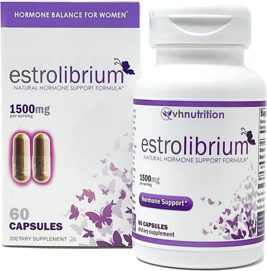VH Nutrition Estrolibrium bottle pour shows easy-to-take capsules for daily balance.
