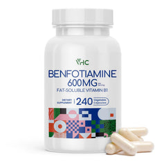 VHC Benfotiamine 600mg bottle close-up highlighting fat-soluble vitamin B1.
