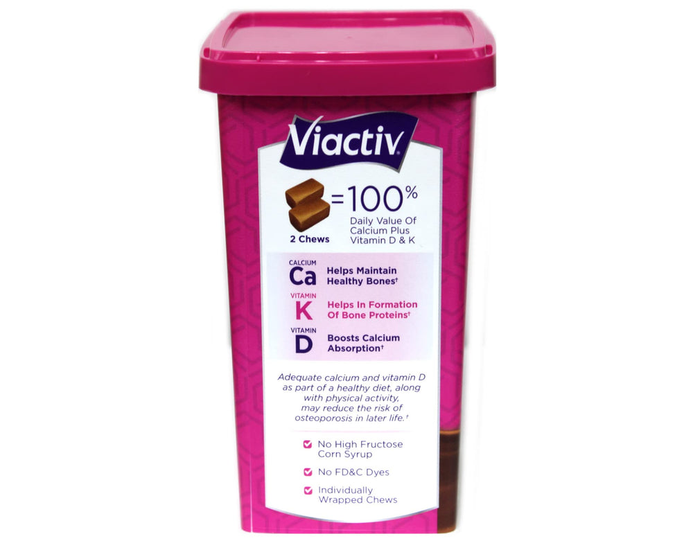 Viactiv Max calcium D3 chews highlighting vitamin D3 aiding absorption.