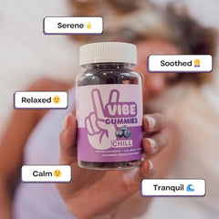 Vibe Gummies gaba-l-theanine label closeup suggests relaxed focus.