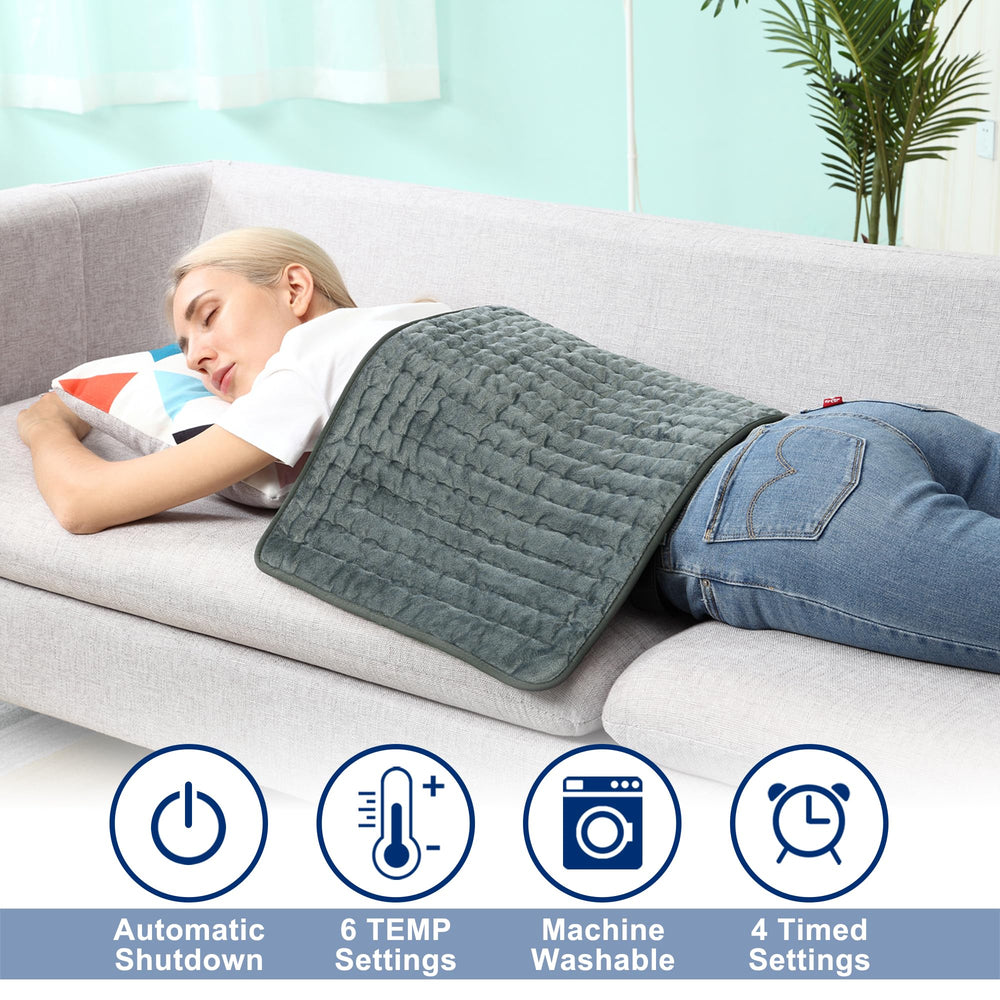 VIBOOS pad close-up shows 6 heat settings for customizable warmth.