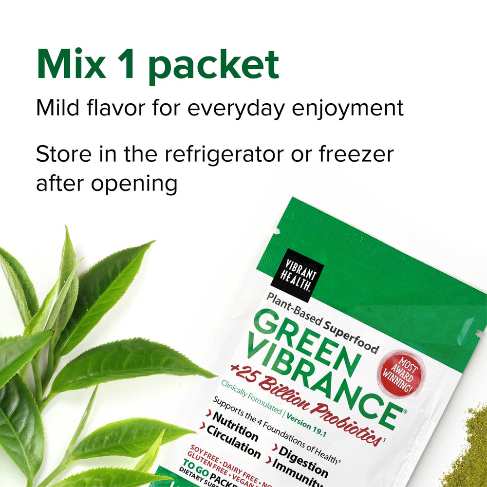 Vibrant Health Green Vibrance packets stored in the freezer showcase practical post-opening freshness