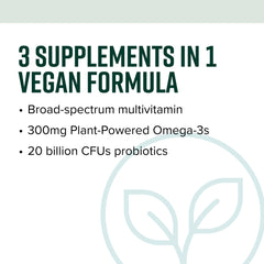 Vibrant Health Trilogy Vegan bottle back highlights ingredients and vegan-friendly formulation.