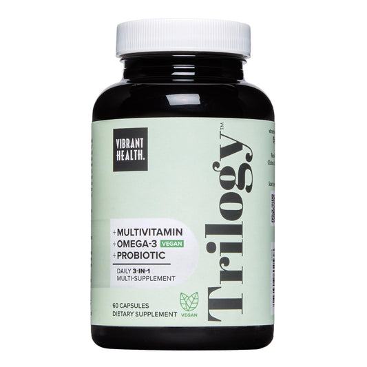 Vibrant Health Trilogy Vegan bottle front shows 3-in-1 wellness blend for daily support.