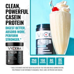VICERA A2 protein powder being stirred into a glass shake for daily nourishment.