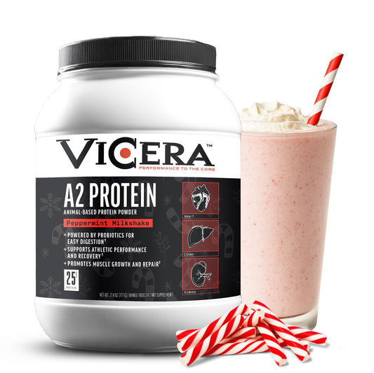 ViCera A2 protein powder tub label highlighting organic protein for daily fueling