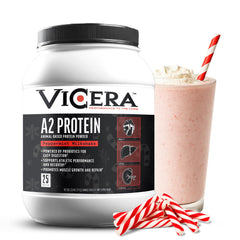 ViCera A2 protein powder tub label highlighting organic protein for daily fueling