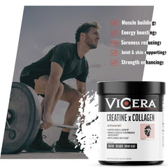 Serving scoop beside VICERA Creatine and Collagen Powder container ready to mix.