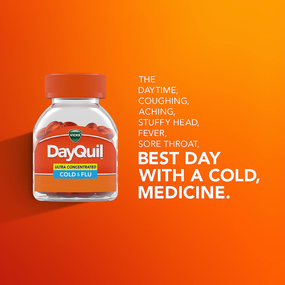 Easy-open twist-top DayQuil bottle for convenient dosing.