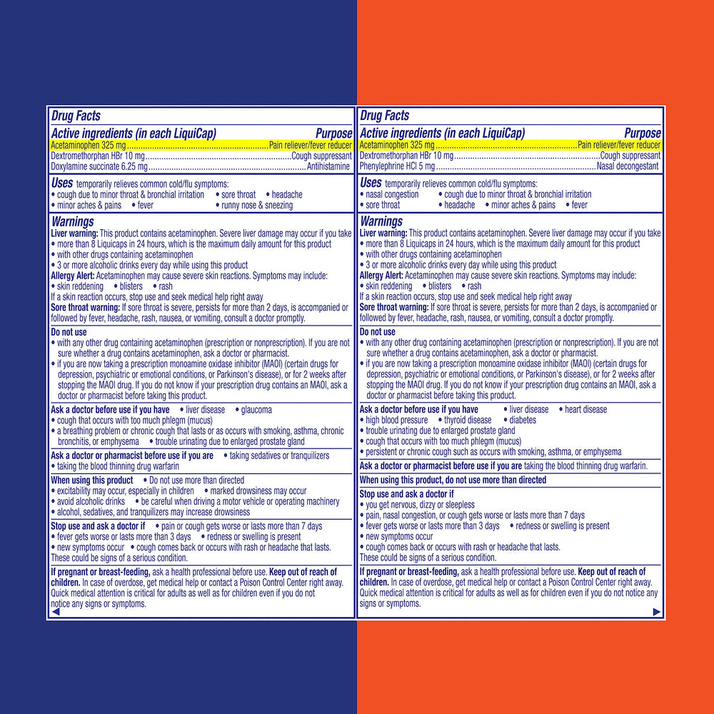 Vicks NyQuil Ultra liquicaps bottle back with usage details for nighttime relief.