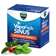 Vicks VapoPads Sinus Relief Formula packaging shown for easy refills and relief.